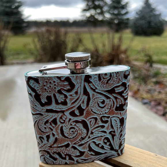 Myra Bag Other - 🎁Gift New Hip Flask 6 oz Myra Bag Stainless Genuine Embossed Leather Turquoise